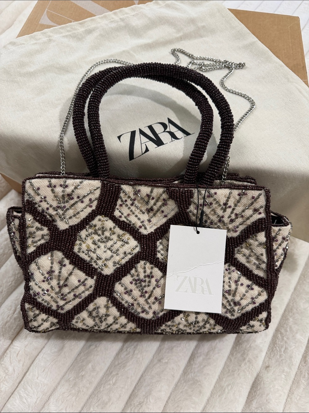 ZARA Cream & Brown Sparkly Beaded Hexagon Satchel